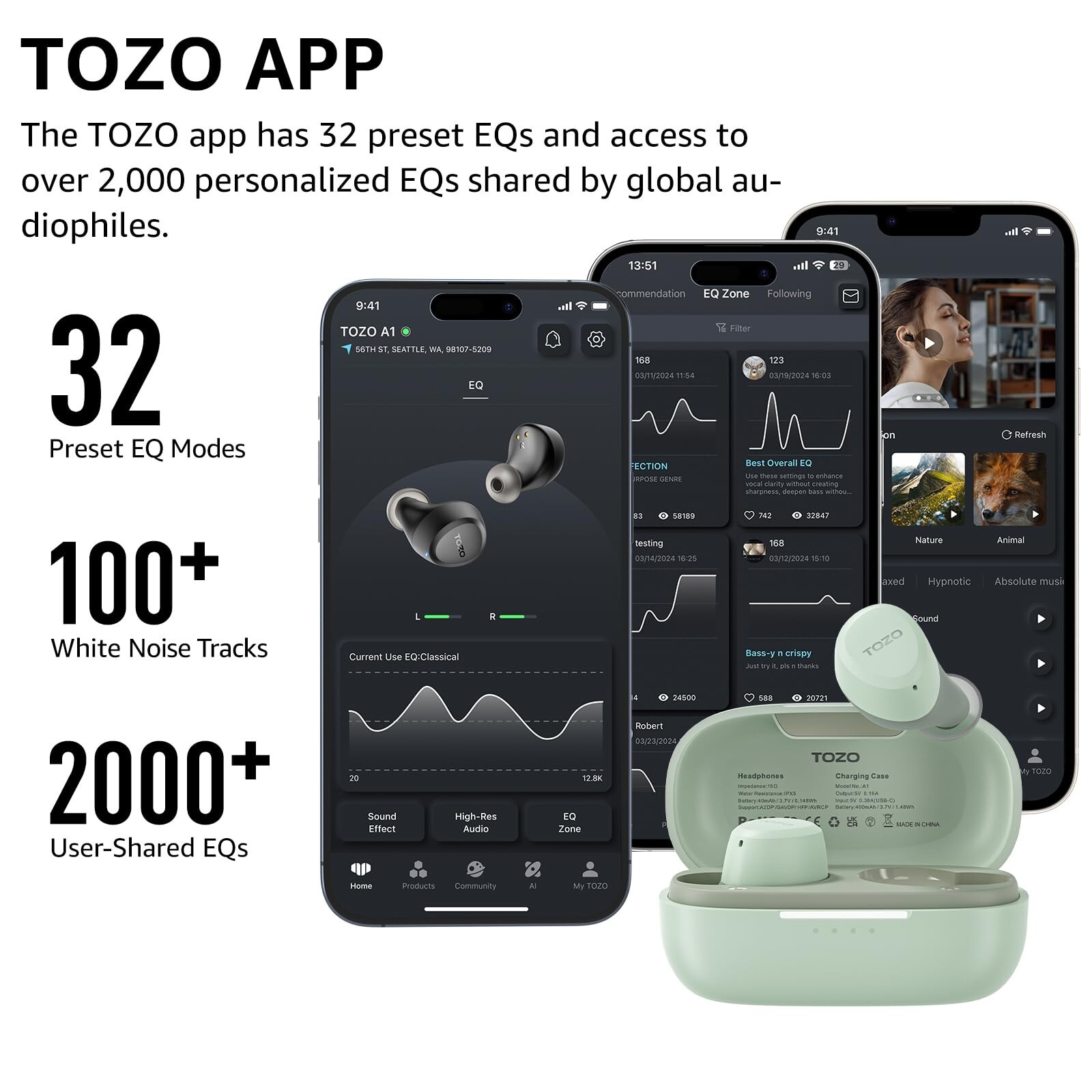 TOZO A1 Wireless Earbuds Bluetooth 5.3 Headphones, Green (Renew)