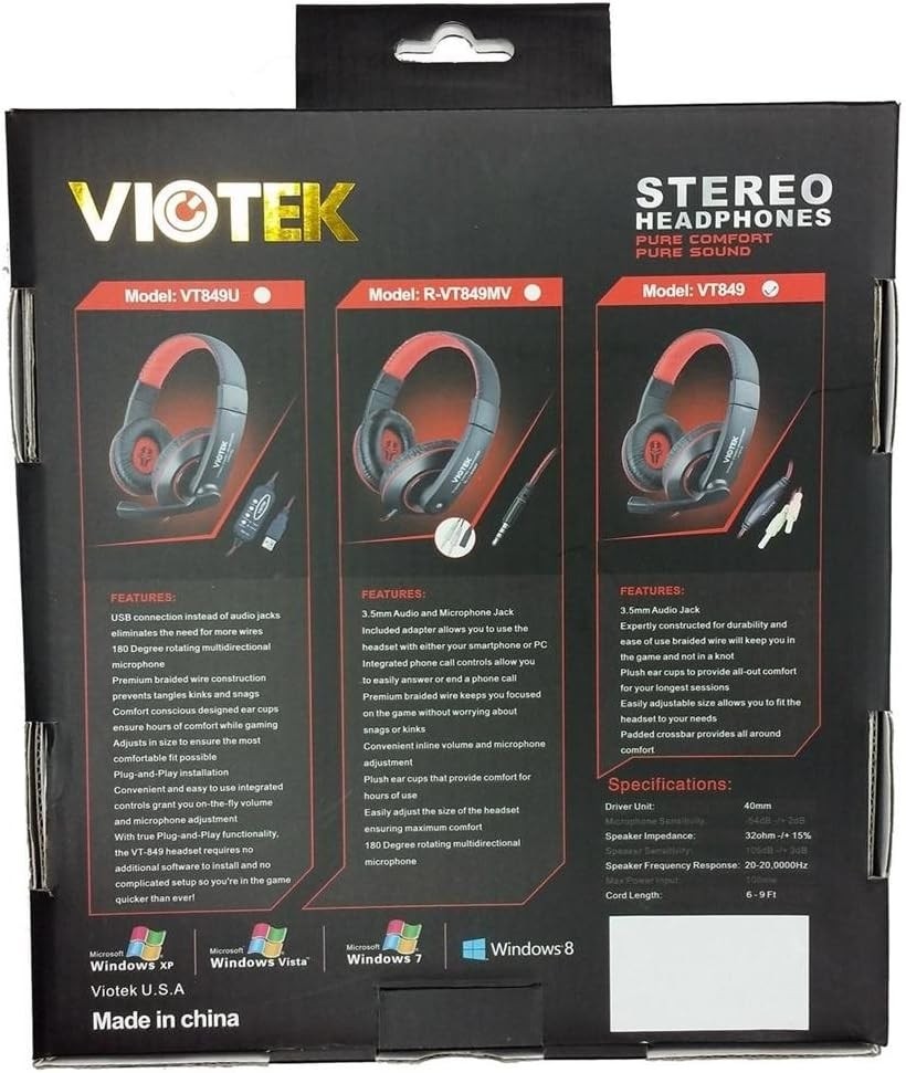 Viotek R-VT849MV Hi-Fi Headphones 40mm Drivers, Mini-Jack Interface, Microphone