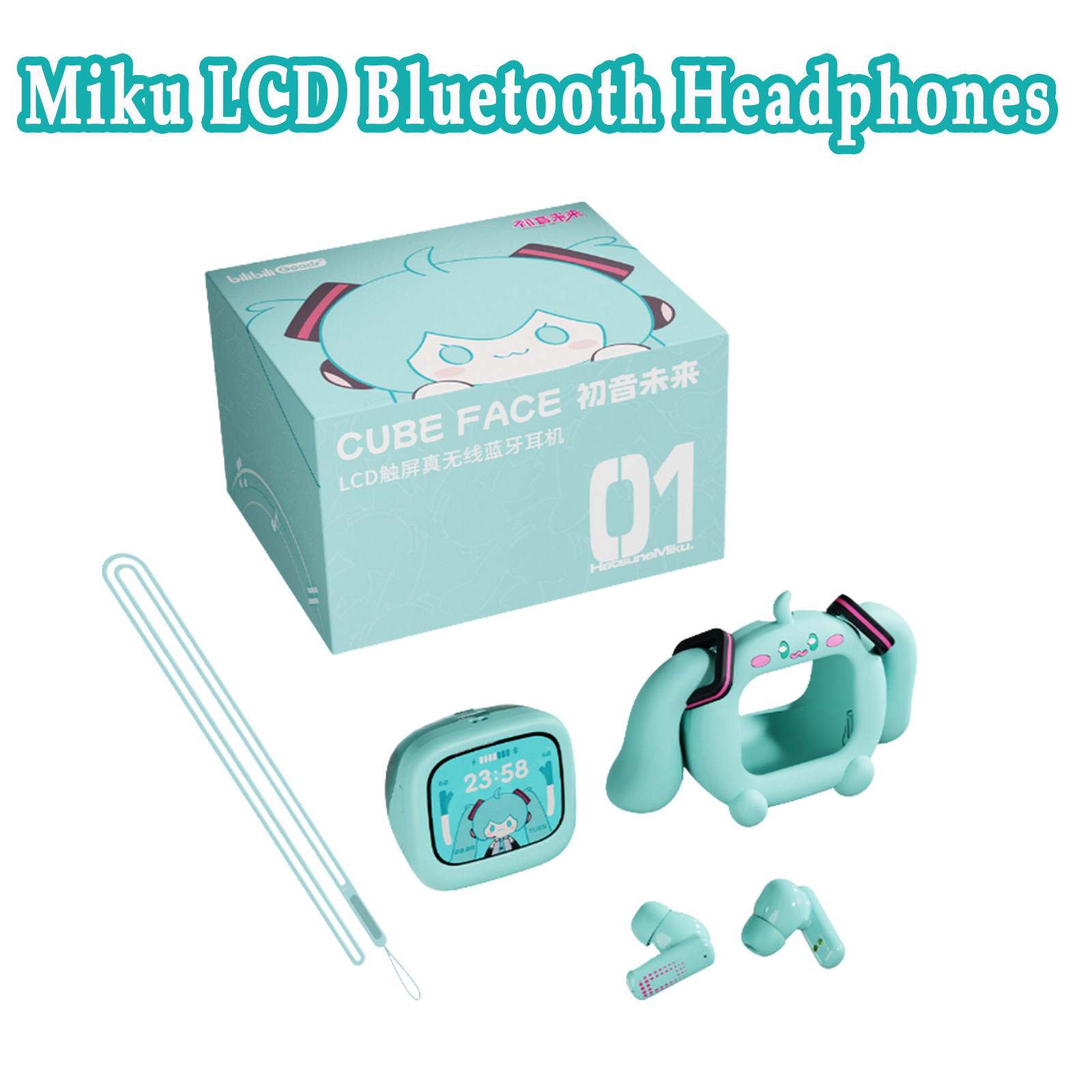 Anime Miku LCD Bluetooth Headphones Touch Screen iPhone Android Hatsune Earbuds