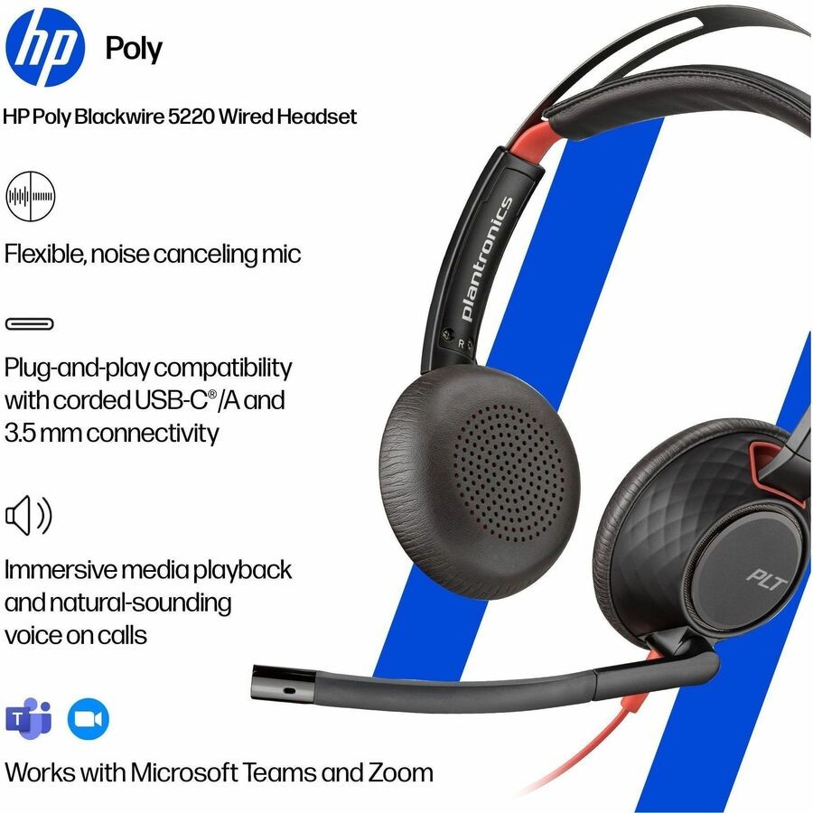 Poly Blackwire 5220 Stereo USB-C Headset + 3.5mm Plug + USB-C/A Adapter