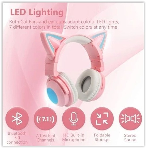 Cute Cat Ear Bluetooth Headphones for Kids & Adults, LED Lights, Foldable NOB