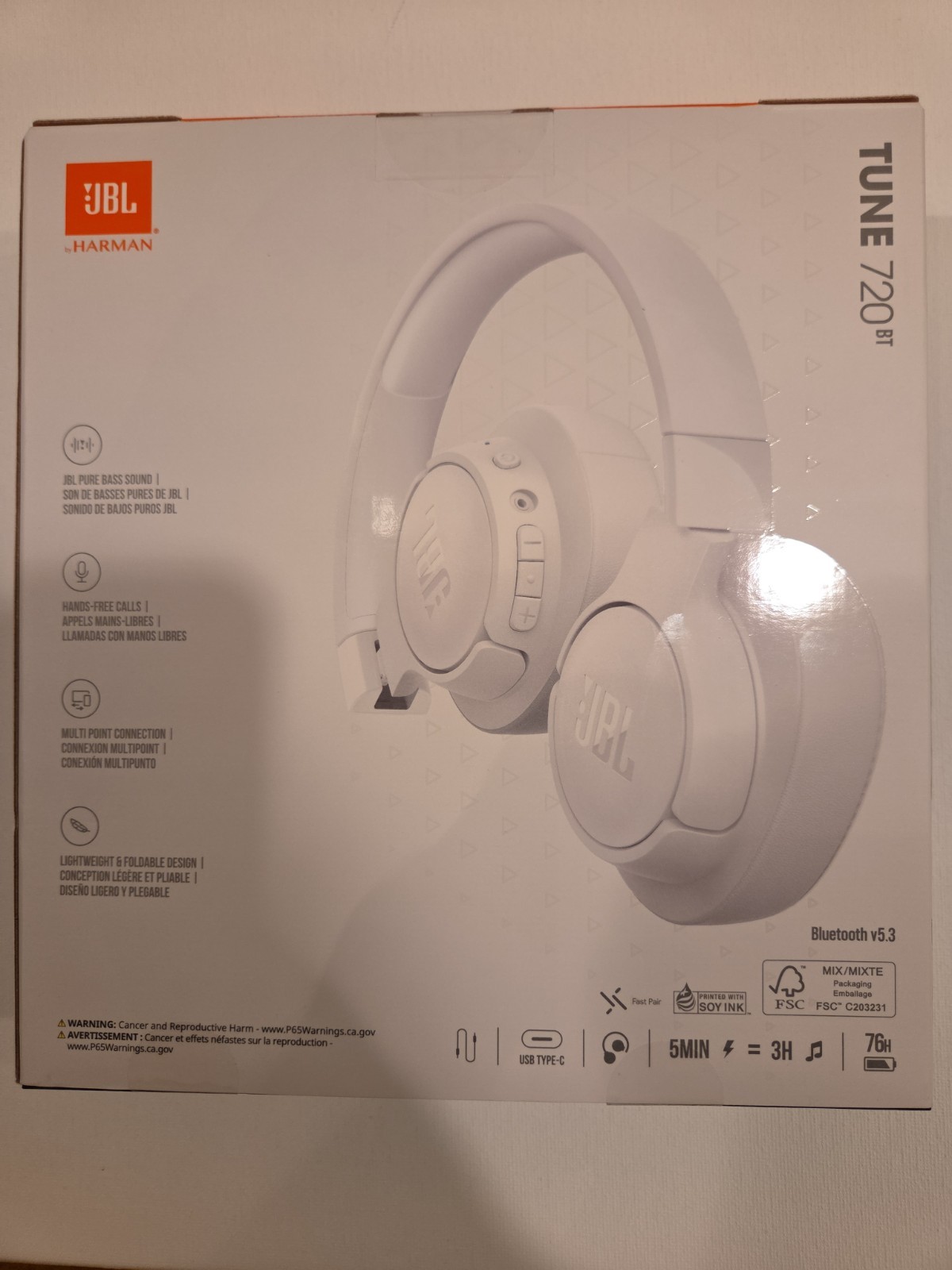 JBL Tune 720BT, Wireless Over-Ear Headphones, White