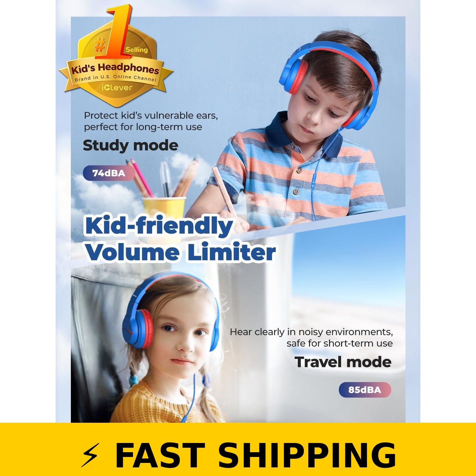 iClever HS19 Kids Headphones Safe Volume Over-Ear Wired Headphones