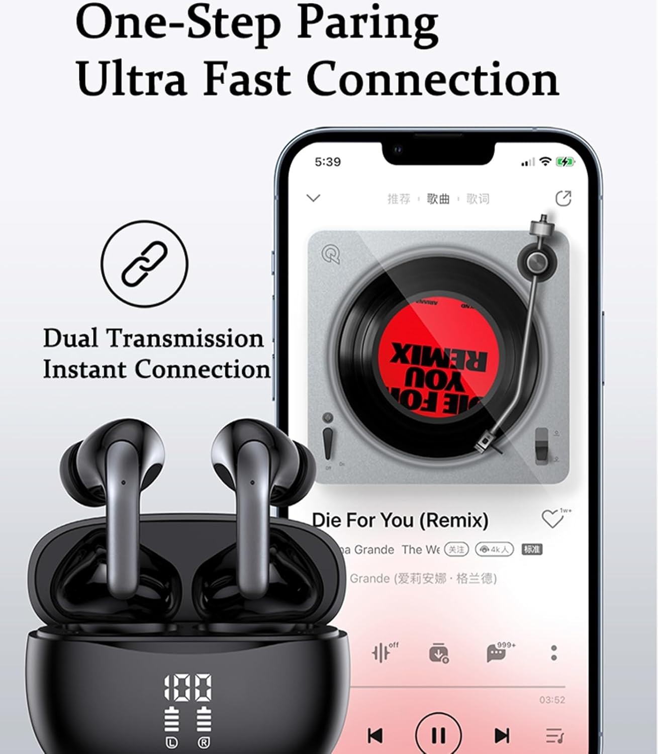 Bluetooth Headphones True Wireless Earbuds 60H Playback LED Power Display