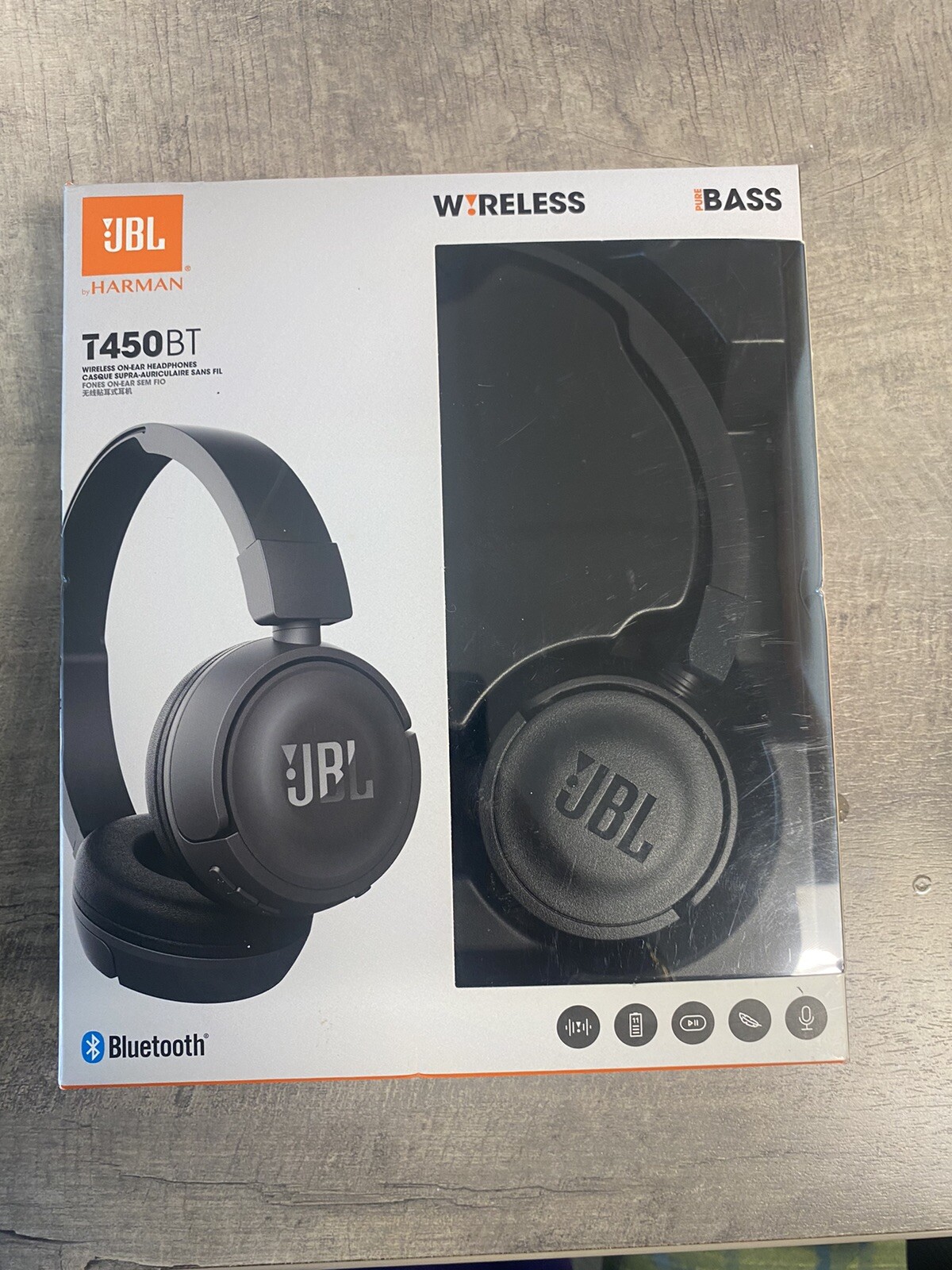 JBL T450BT Wireless On-Ear Headphones with Built-in Microphone, Pure Bass, Black