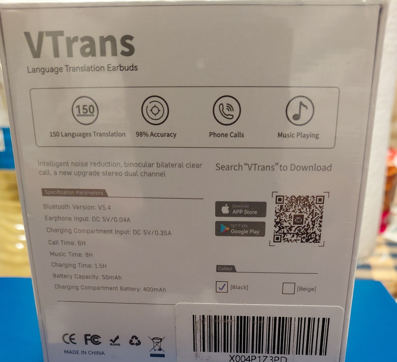 v trans translator Earbuds 150 language 98% accuracy phone calls music playing