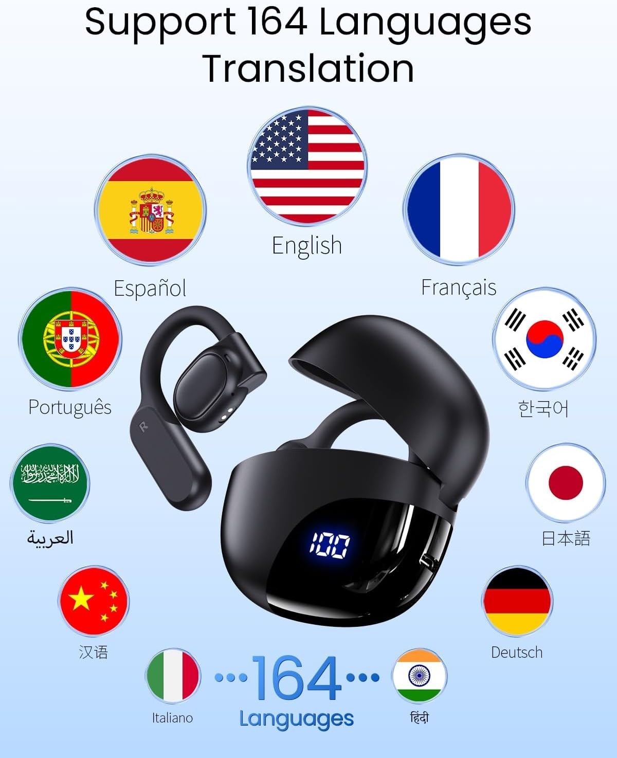 AI Translation Earbuds Real-Time 164 Languages 80H Playtime Wireless Bluetooth