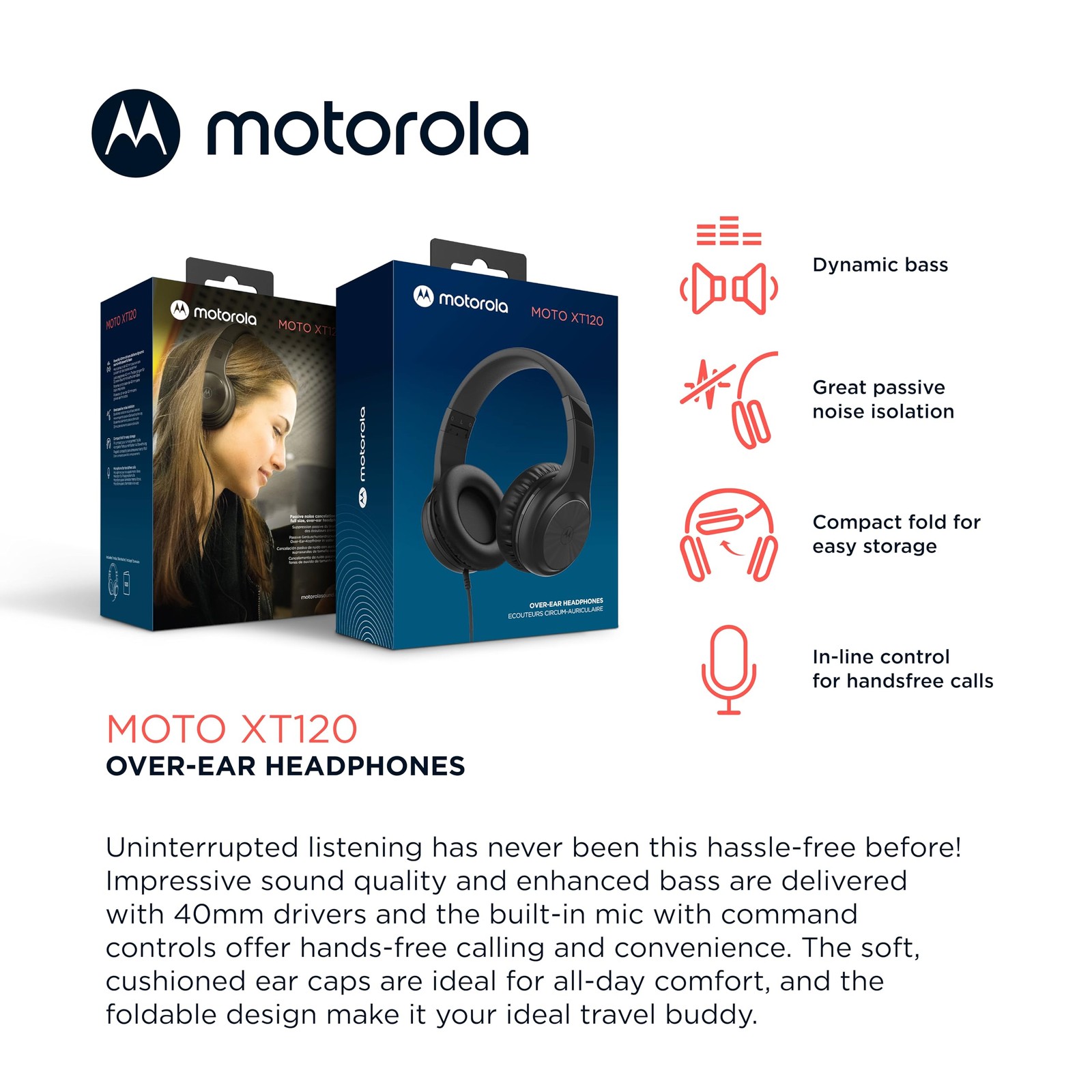 Moto XT120 Over Ear Headphones Wired with Microphone, in-Line Command Control…