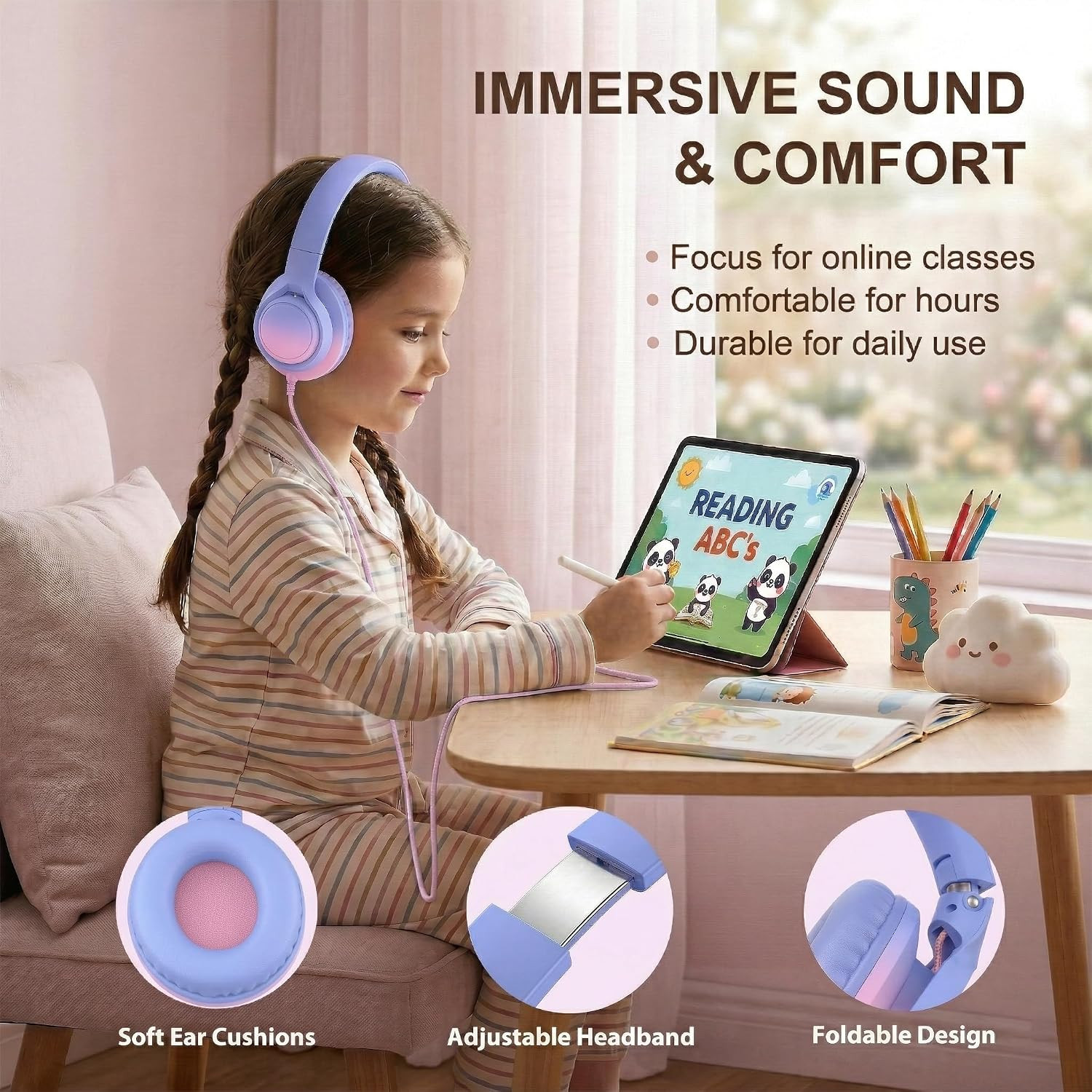 Kids Over-Ear Headphones, 85/94Db, Mic, USB-C Adapter, Pink | 85/94Db Volume Con