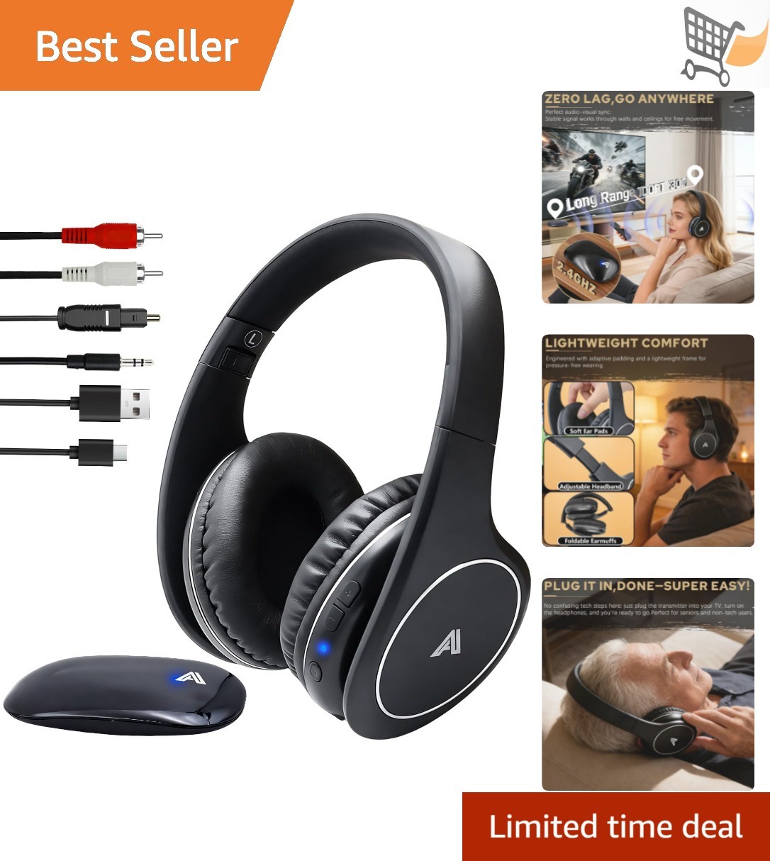Wireless TV Headphones Over Ear Folding RF 2.4GHz Sound Isolation Noise Cance…