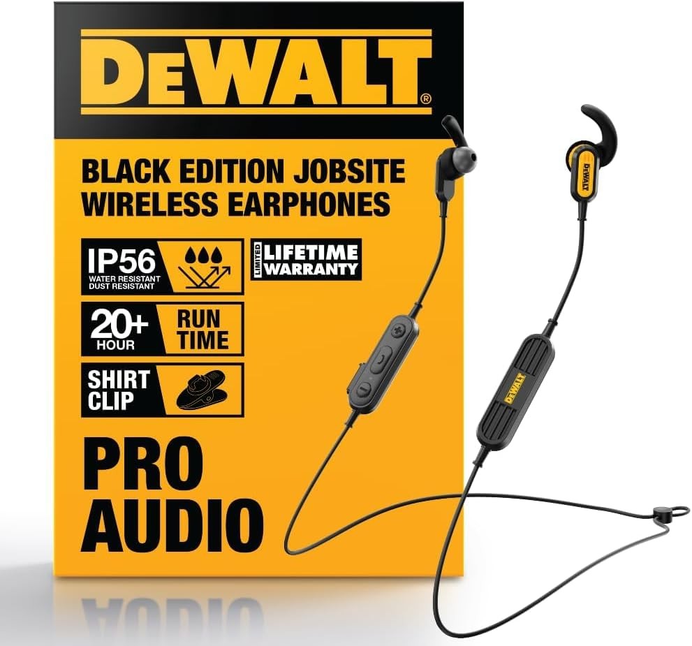 DEWALT Heavy Duty Neckband Bluetooth Earbuds – Black Special Edition Wireless Bl