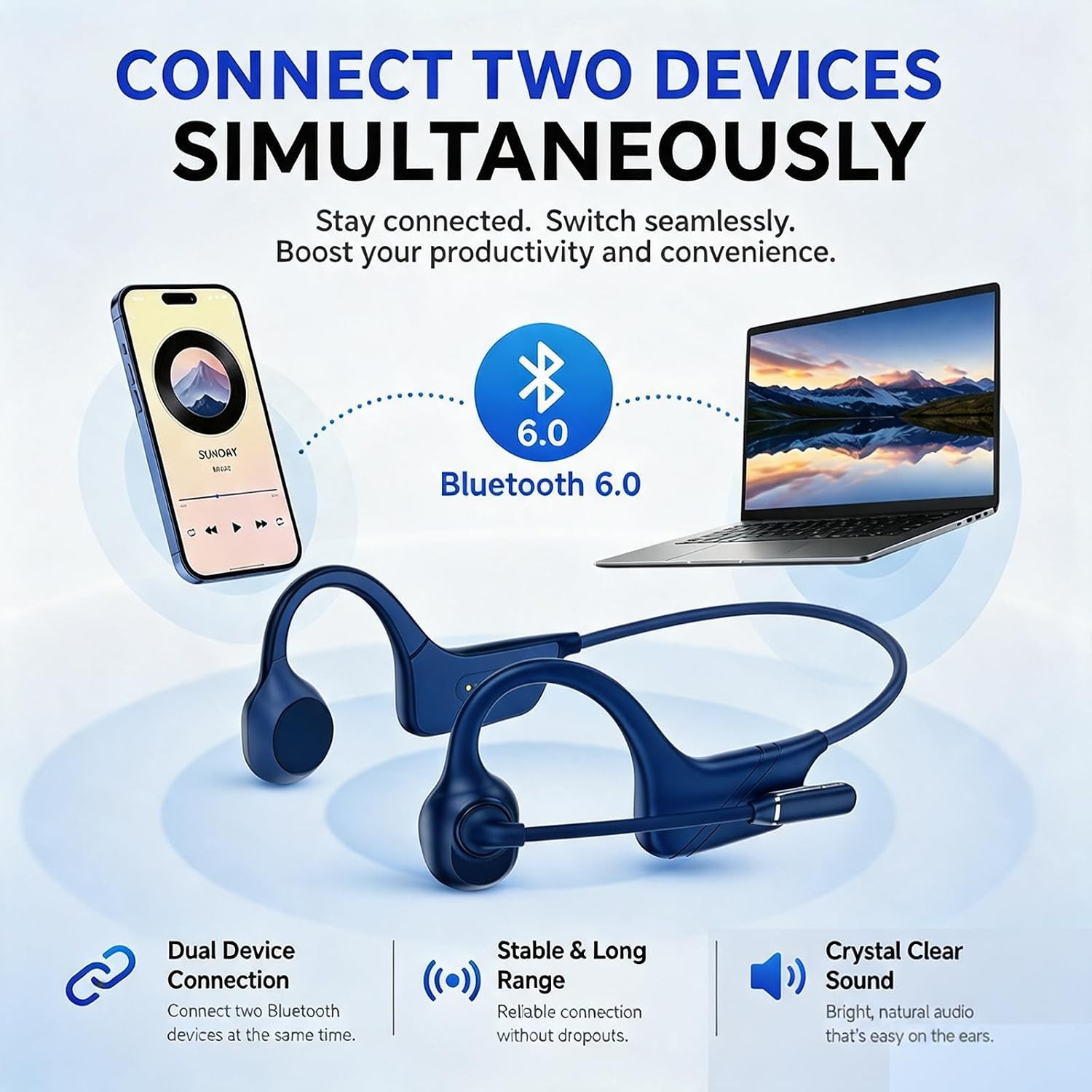 Open-Ear Headphones with Noise-Canceling Mic, Bone Conduction Headphones | AI EN