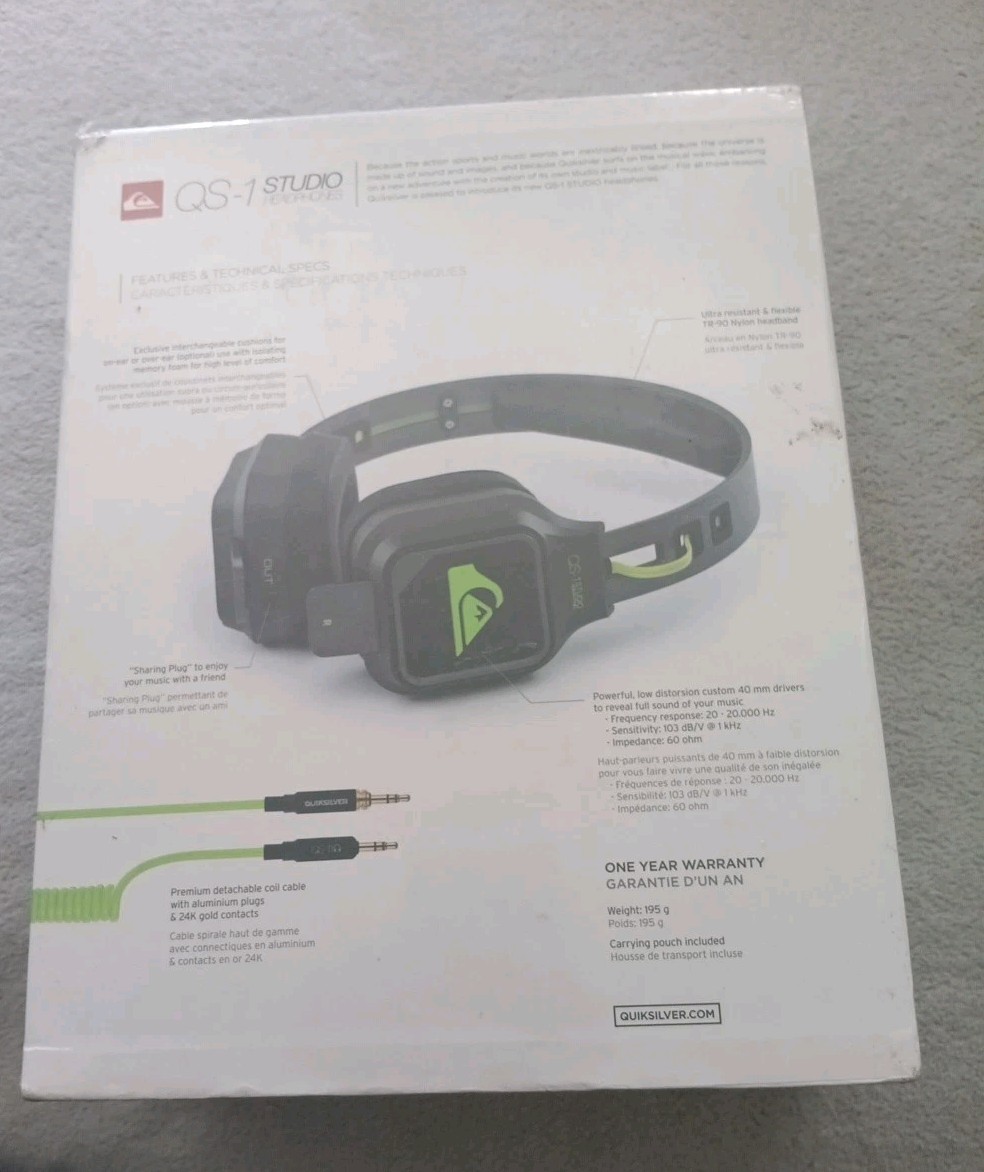 Quiksilver QS-1 Studio Headphones Black And Green New Sealed Box