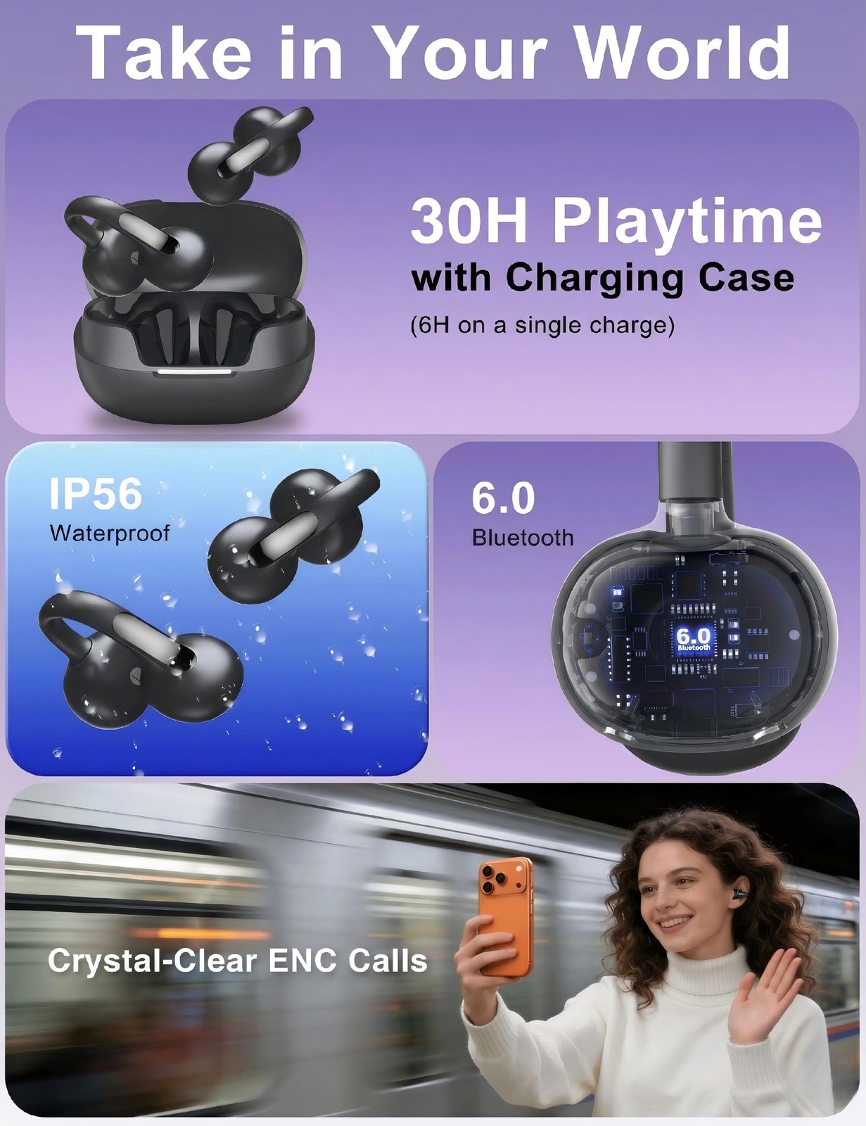 Open Ear Earbuds, Wireless Bluetooth 6.0 Clip-on Earbuds, 50H Playtime, Comfo…