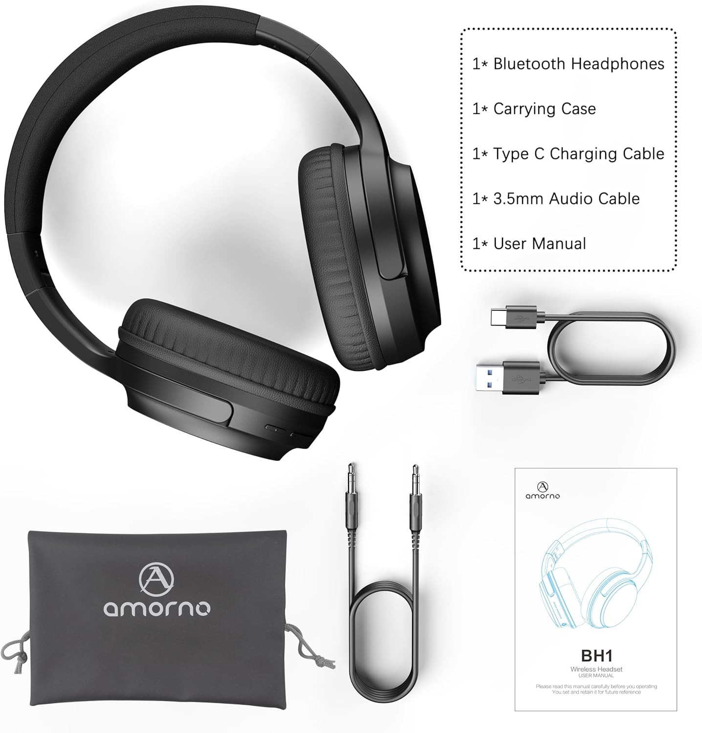 AMORNO Bluetooth Headphones over Ear, 68 Hours Playtime Wireless Headphones with