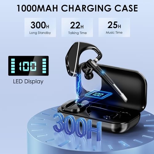 EKVANBEL Bluetooth Headset V5.3, Wireless Earpiece with 1000mAh Charging Black