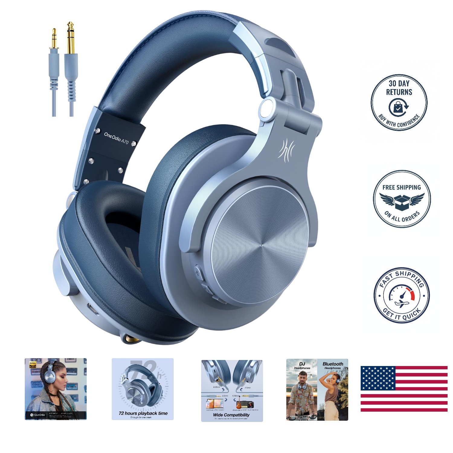 Sky Blue A70 Over-Ear Bluetooth Headphones with Sound Isolation & Audio Sharing