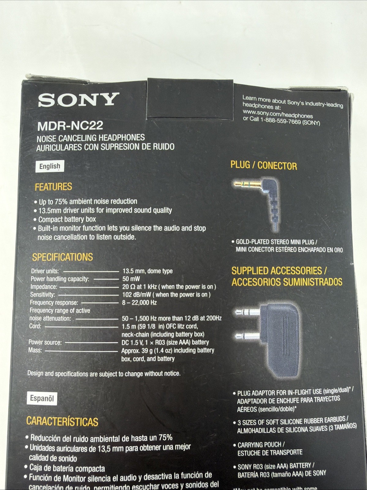 * NEW * SONY Ultra-Portable Noise Canceling Headphones MDR-NC22 with Flight Plug