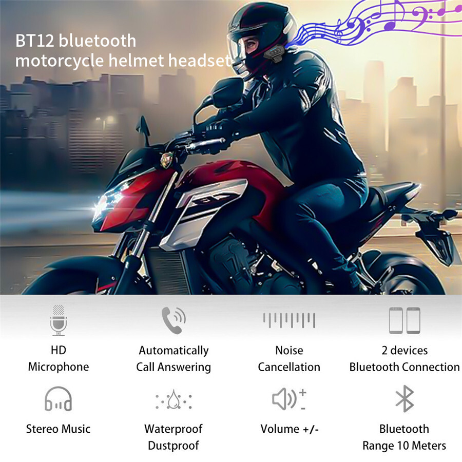 Wireless Bluetooth Motorcycle Helmet Headset Telephone Hands-Free Rechargeable