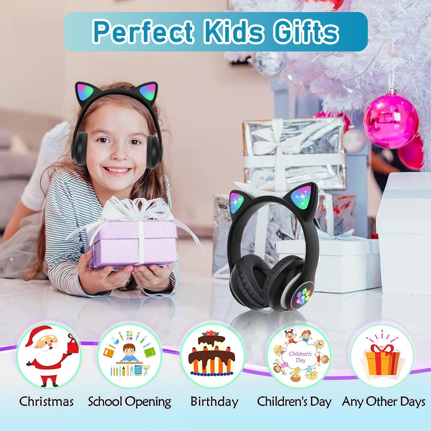 Kids Wireless Bluetooth Cat Ear Headphones LED Light Over Ear Headset