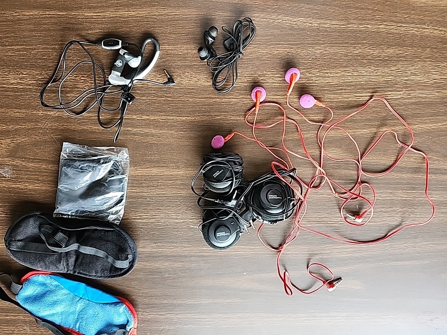 6 Sets Of Airline Ear Phone Jacks, One With Microphone. 3 Eye Covers