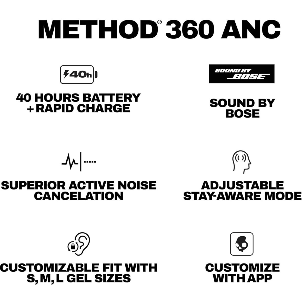 Skullcandy Method 360 ANC Wireless Earbuds, Sound by Bose, Bluetooth Headphones