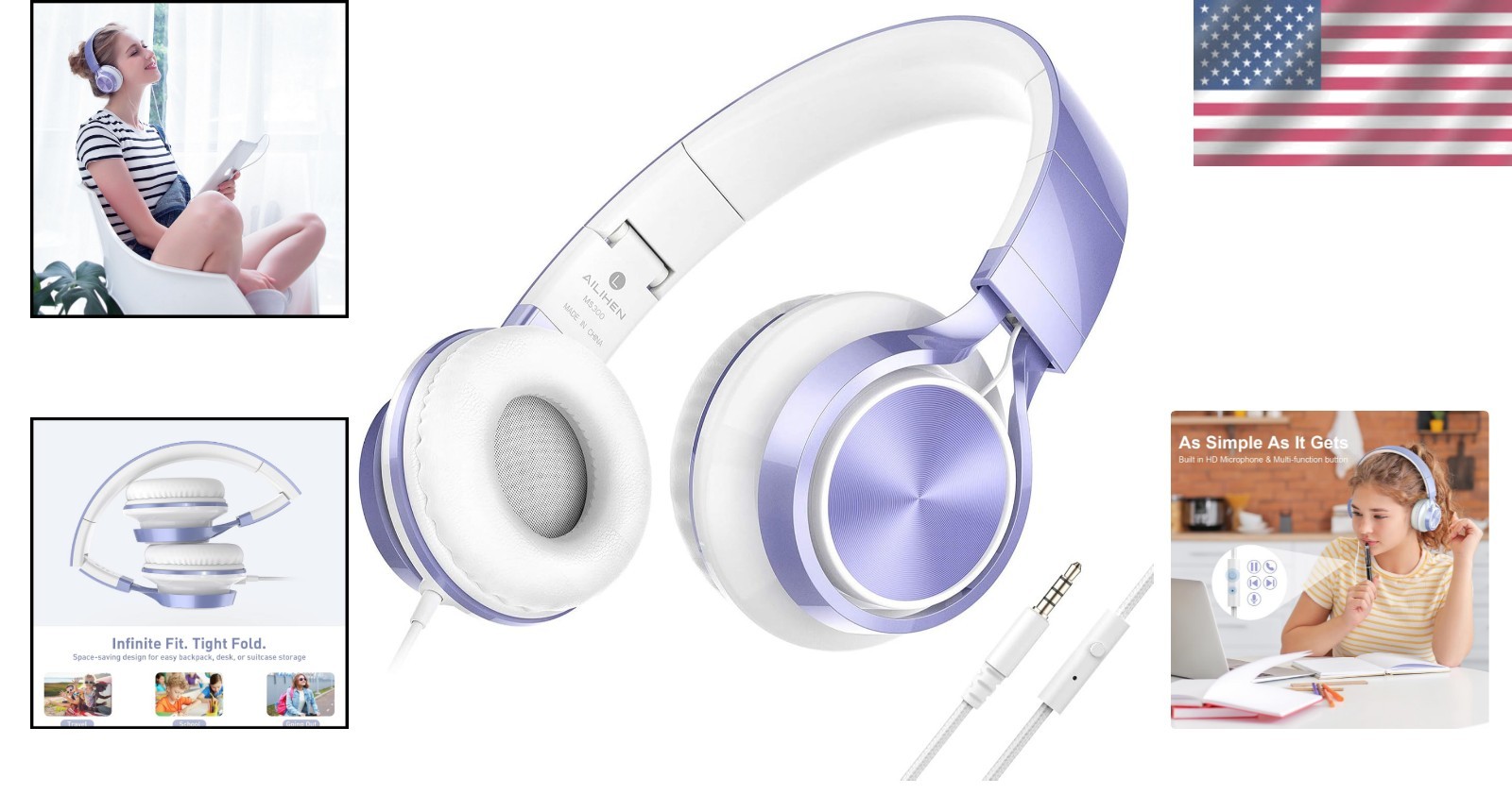 Stylish Violet Kids Headphones with Microphone – Foldable & Lightweight Design