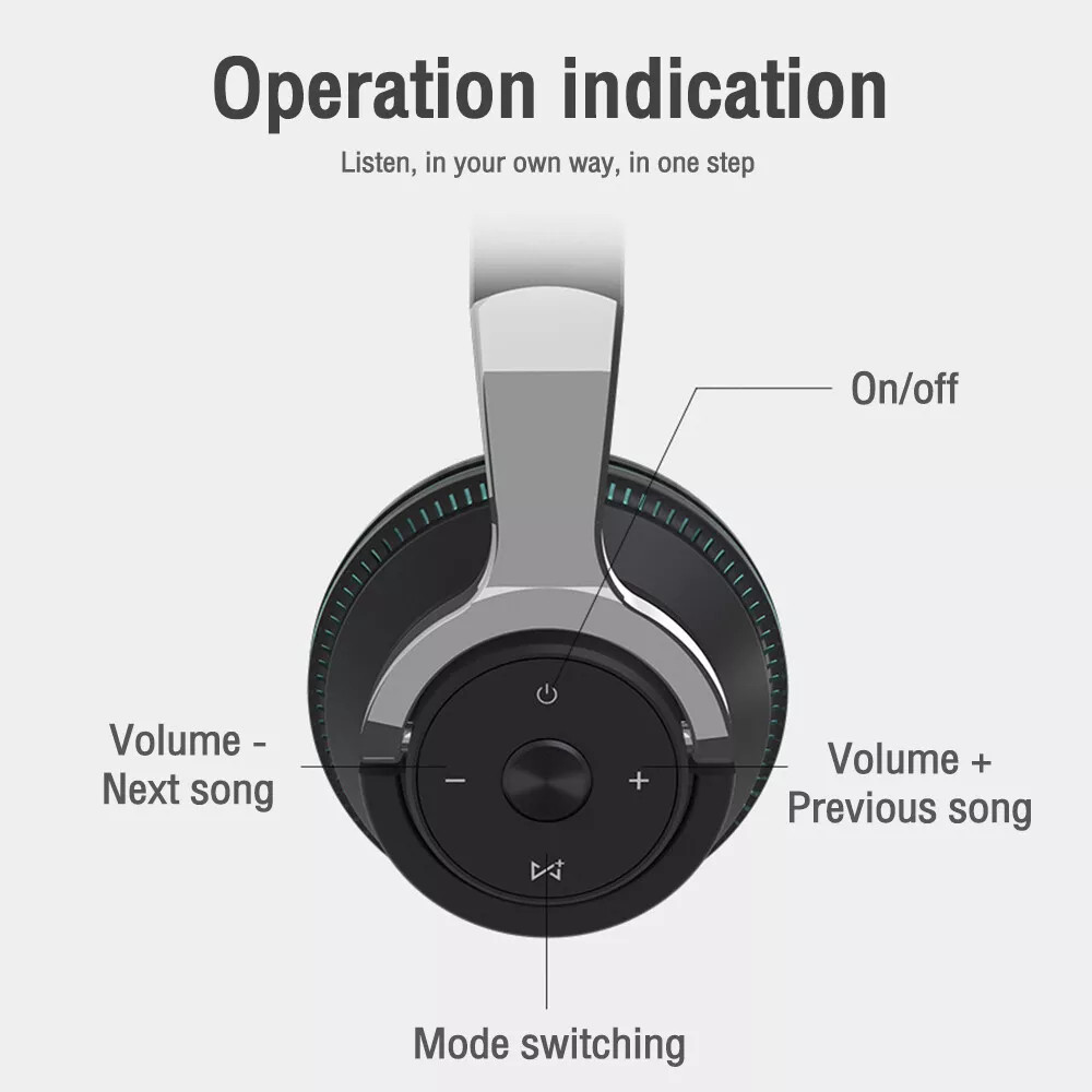 Wireless Bluetooth 5.1 Headphones Over Ear LED Headset Stereo Noise Cancelling