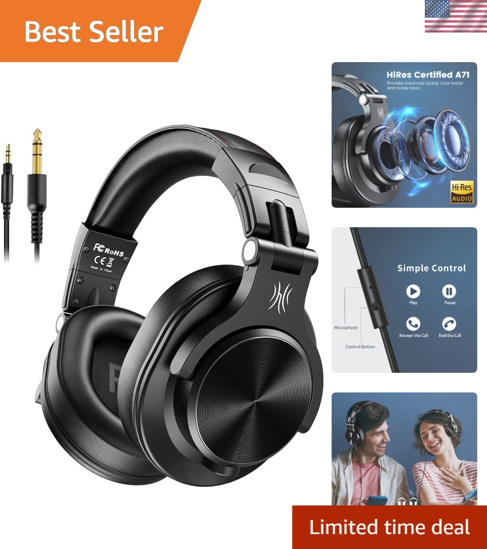 Black Hi-Res Wired Studio Headphones with Detachable Cable & Comfort Features