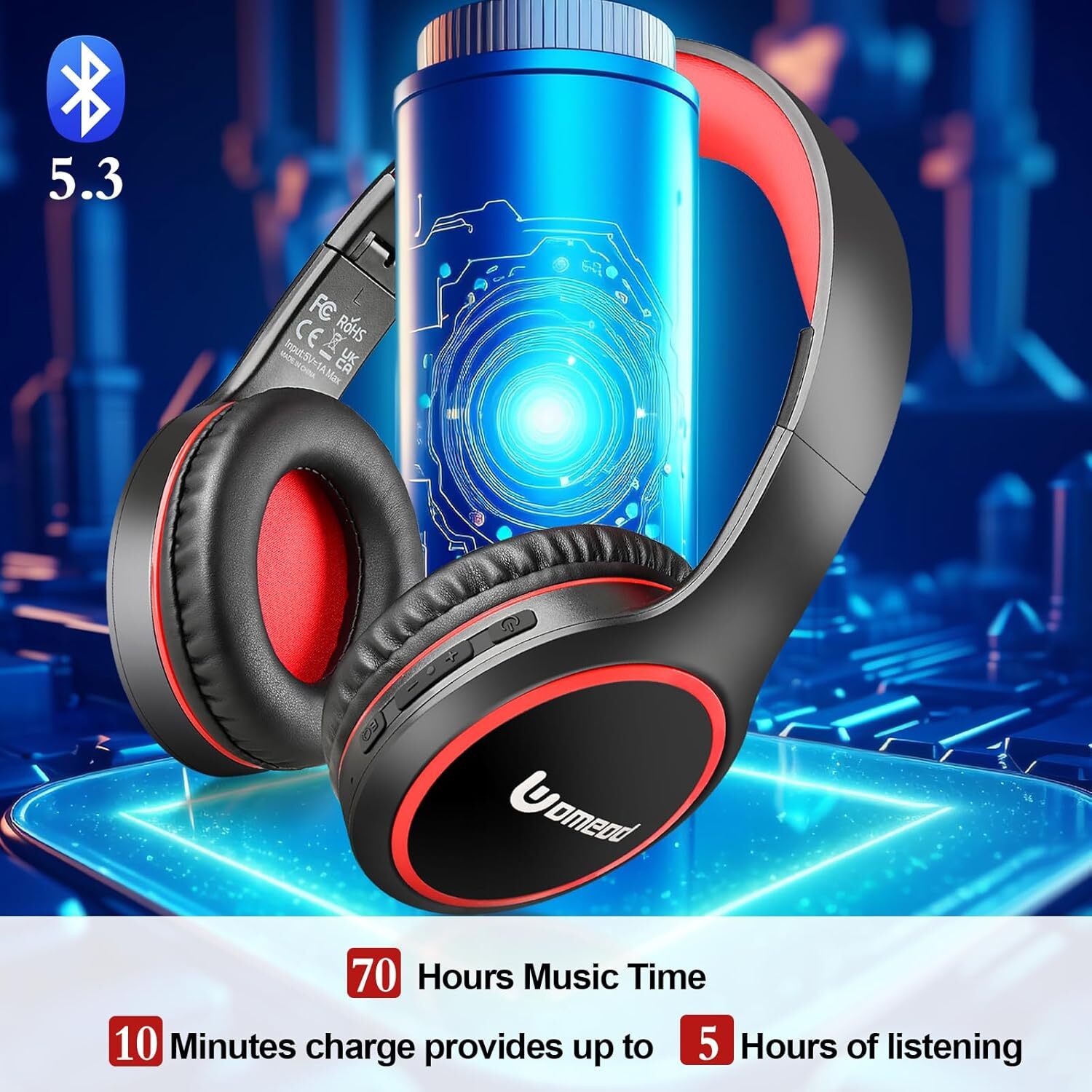 Wireless Bluetooth Headphones 70 Hour Rechargeable Battery Hands-Free Calls Mic