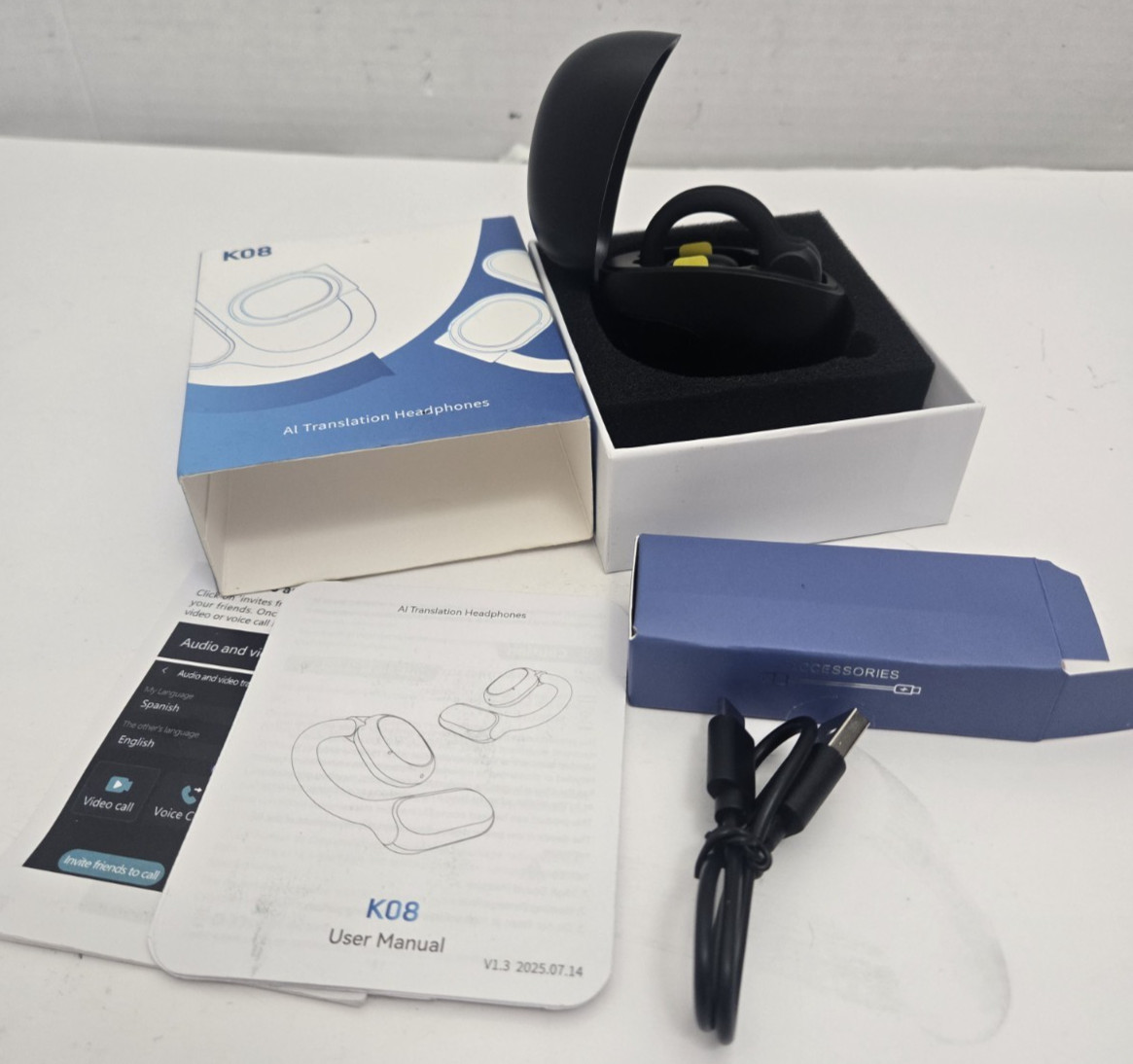 K08 Wireless Bluetooth AI Translation Headphones Earbuds BLACK