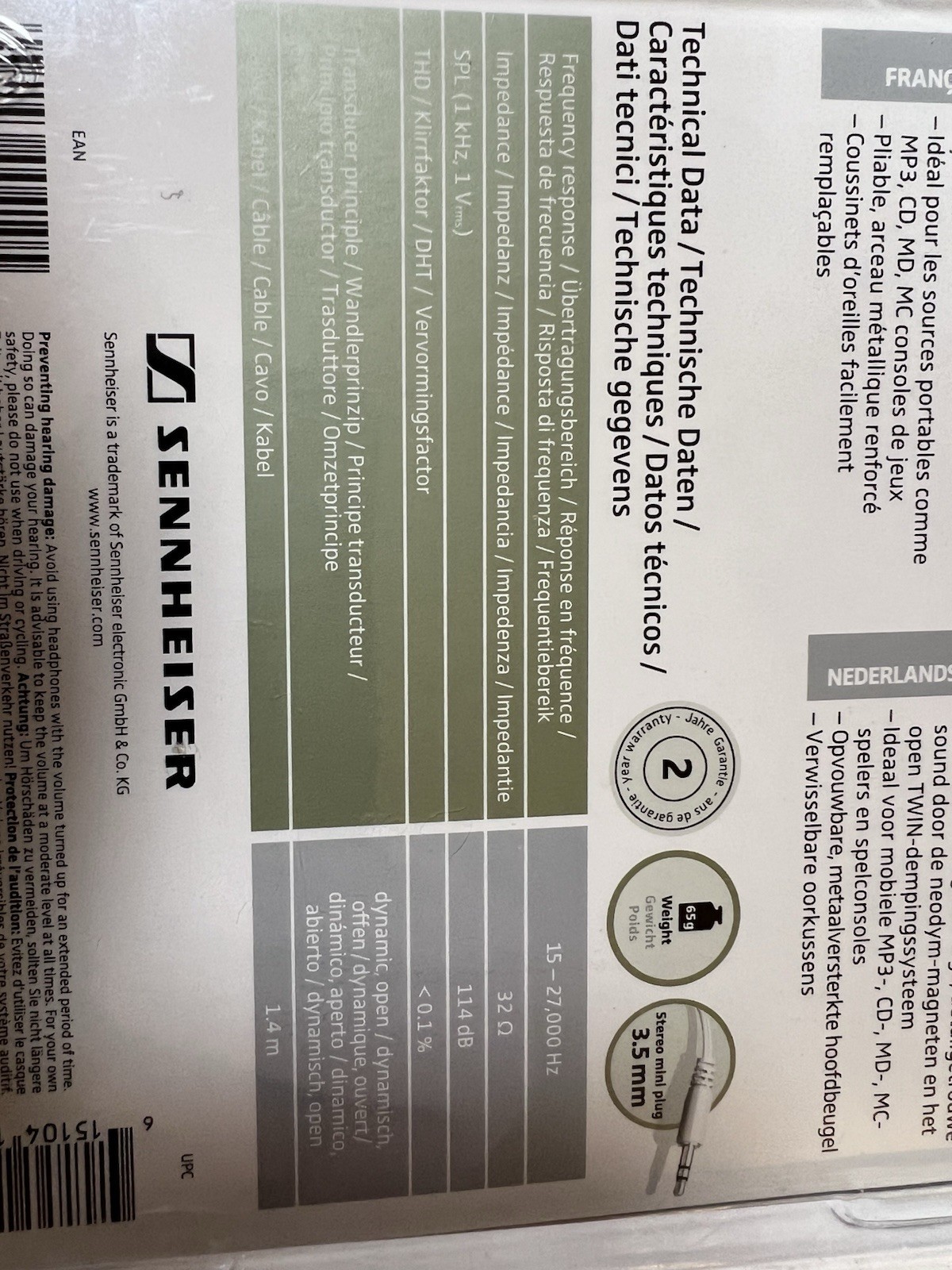 Sennheiser PX100 Stereo Headphones Natural Clear Sound PX 100 White Hi-Fi NEW
