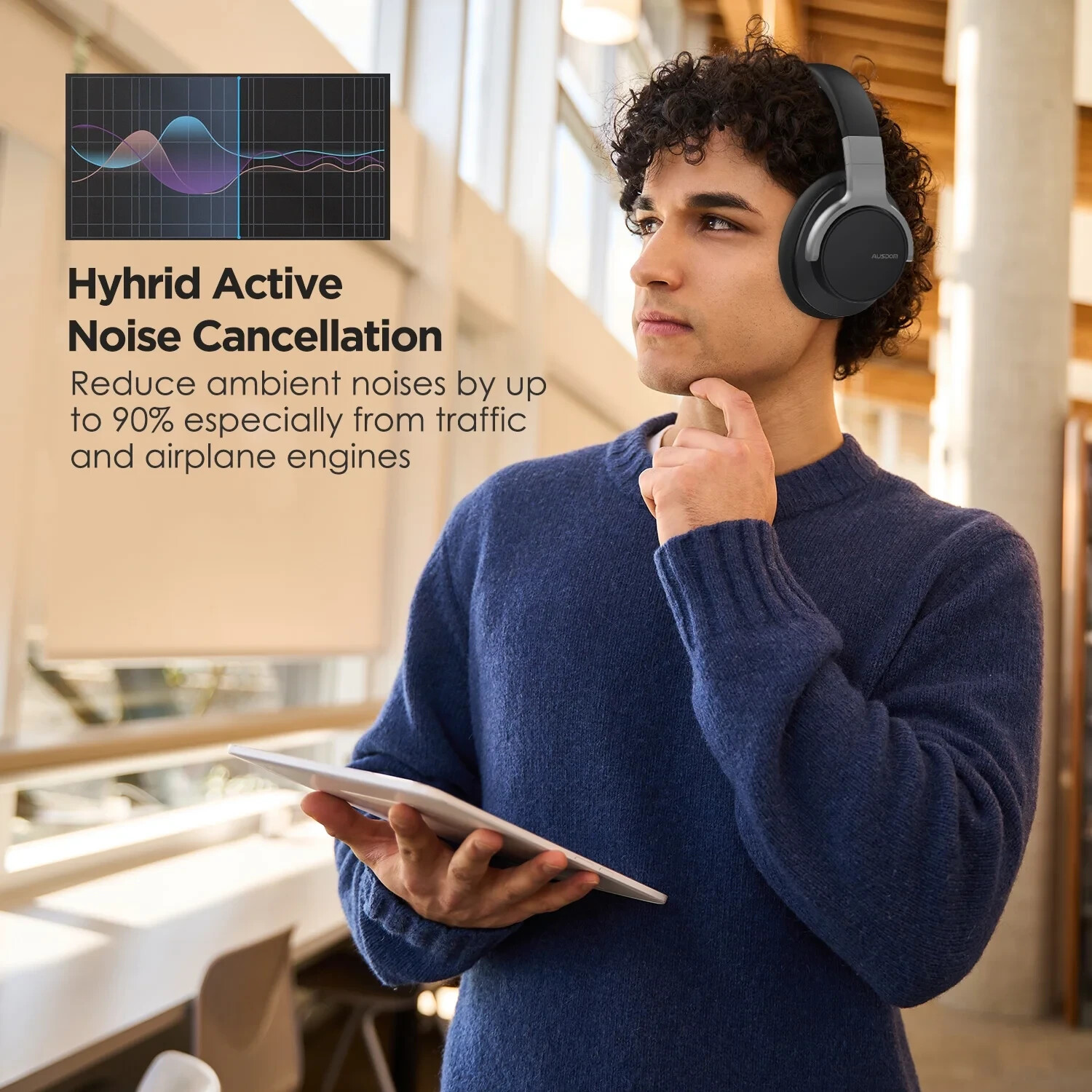 AUSDOM E7 Active Noise Cancelling Headphones, Wireless over Ear Bluetooth 5.0 He