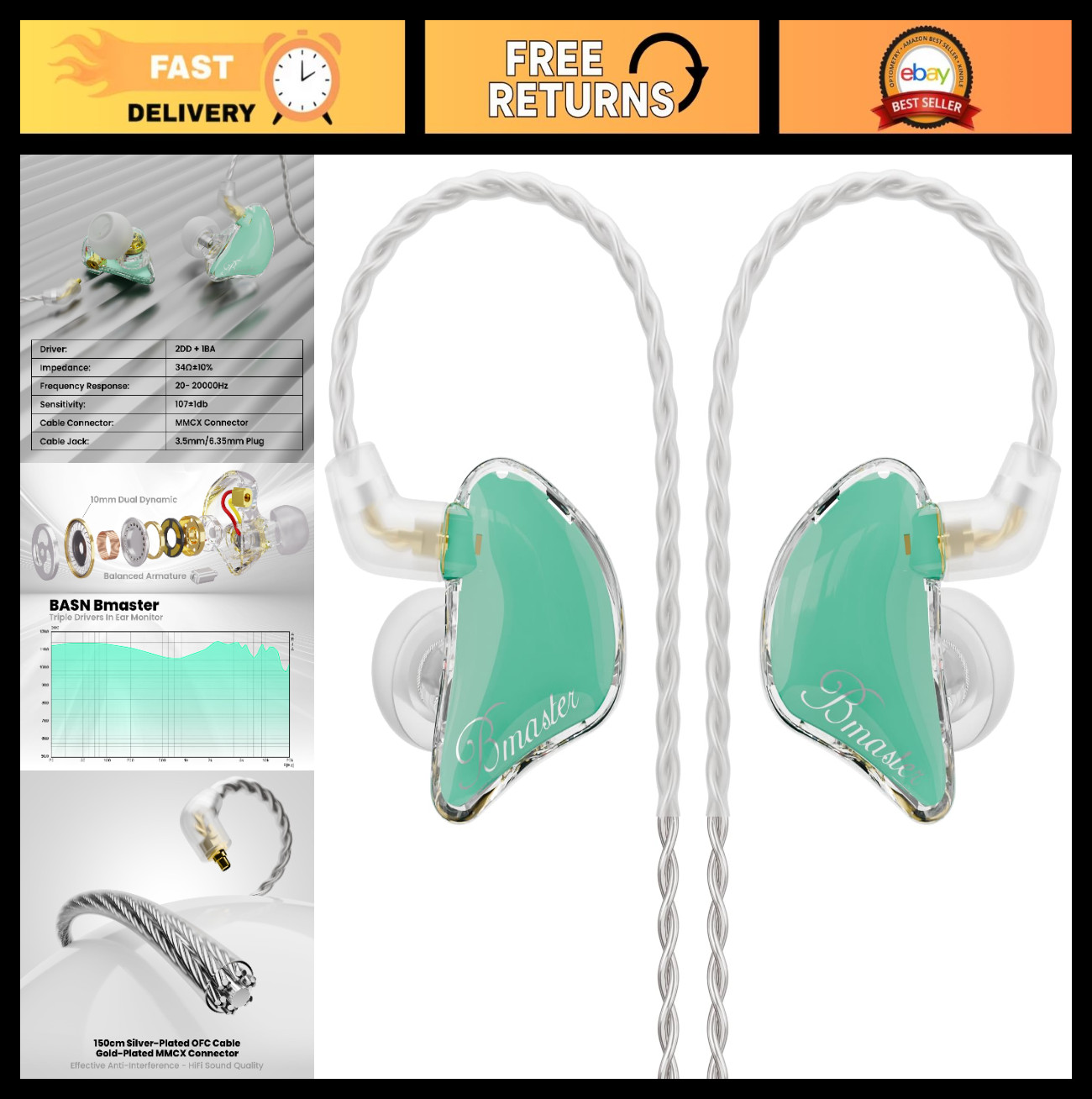 Triple Driver In-Ear Monitor Headphones, HiFi Stereo Earbuds, Noise Isolation, P
