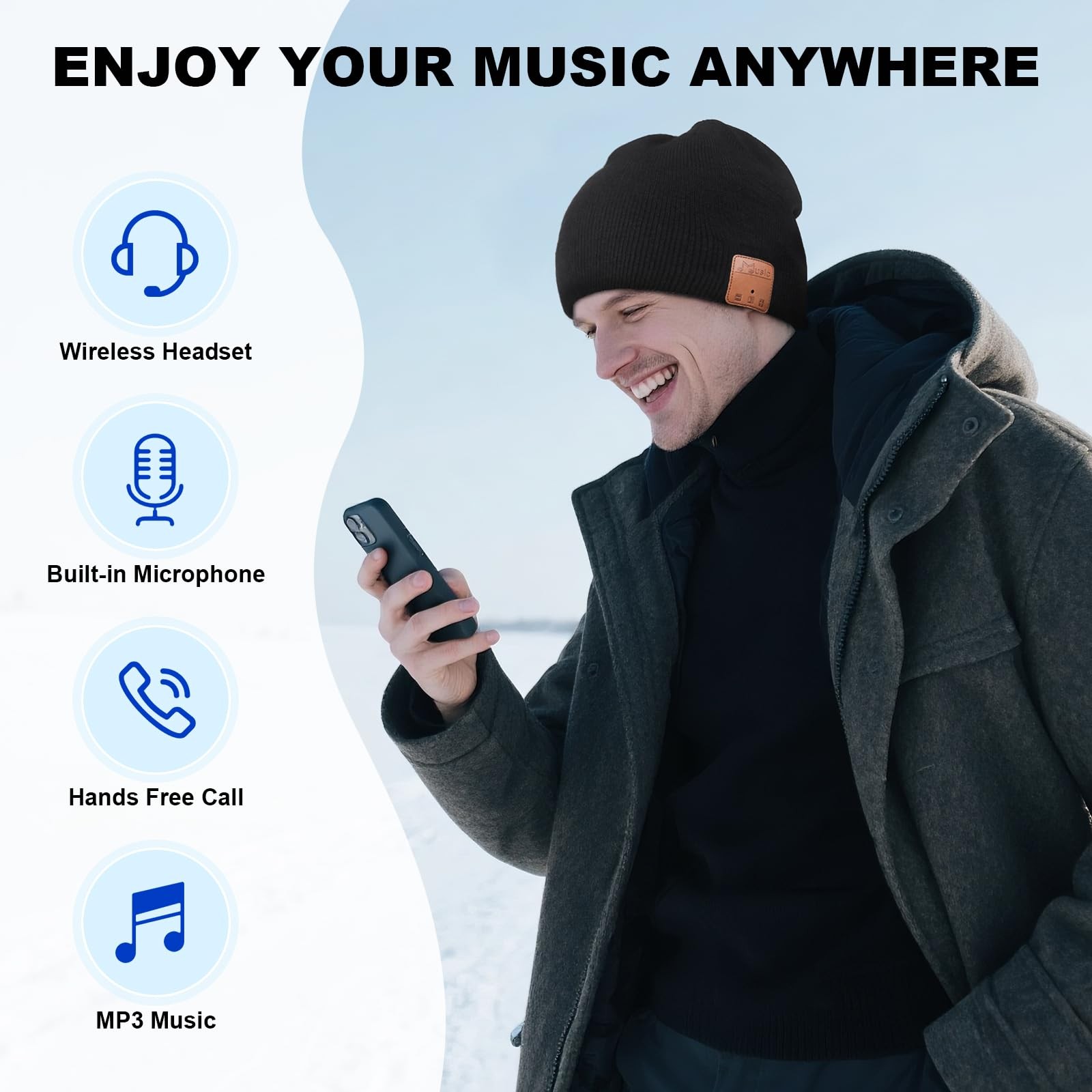 Rotibox Wireless Bluetooth Beanie Hat with Headphone One Size, Bb001-black