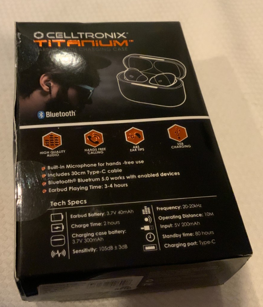 Celltronix Titanium True Wireless Earbuds With Charging Case, Color Black, NWB