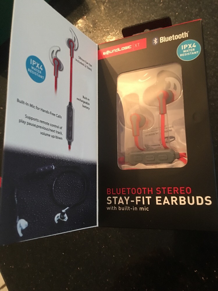SOUNDLOGIC XT BLUETOOTH STEREO STAY-FIT EARBUDS WITH MIC GRAY/RED RC 2550 New