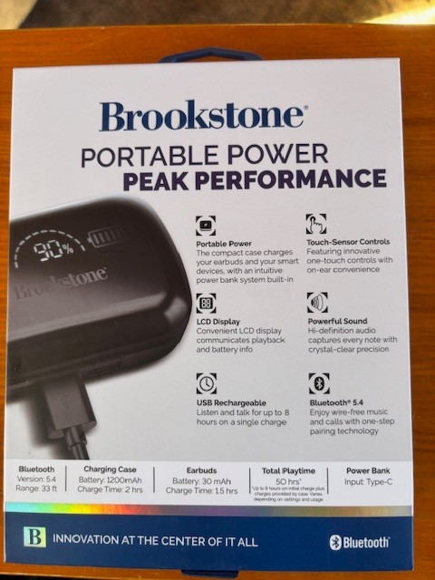 Brookstone Touch Power Two Earbuds & Built-In Power Bank New in Box