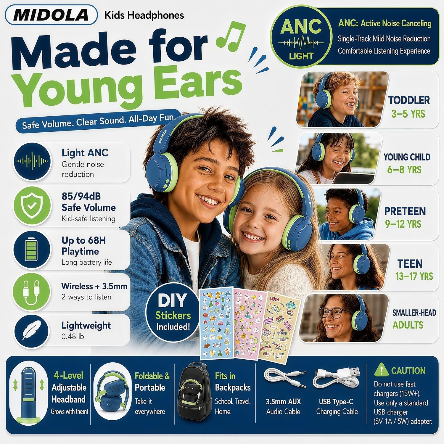 Safe Volume Kids Bluetooth Headphones – Active Noise Cancellation & Lightweight