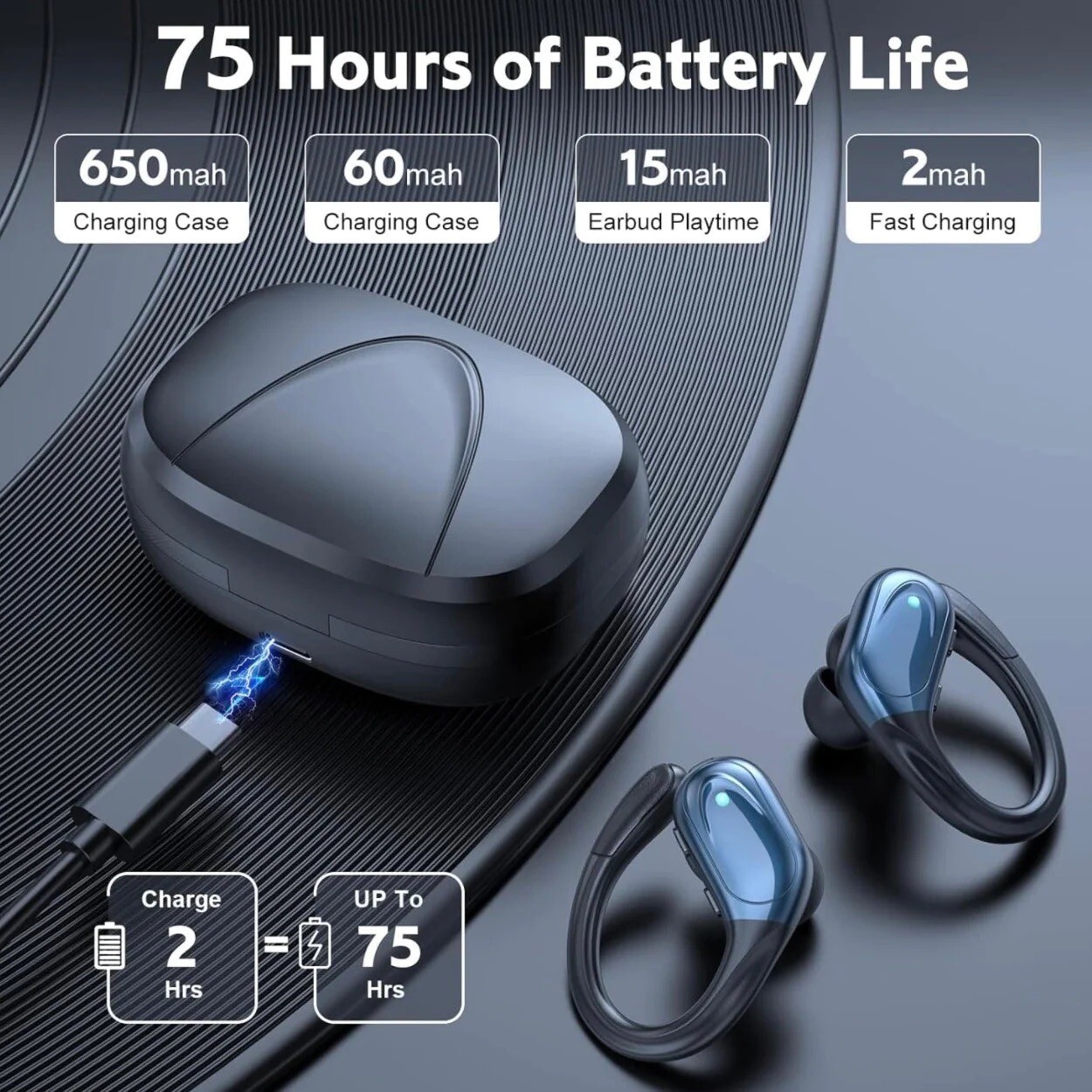 Bluetooth Wireless Earphones, 75 Hrs Play Time, IPX7 Waterproof, LED Display