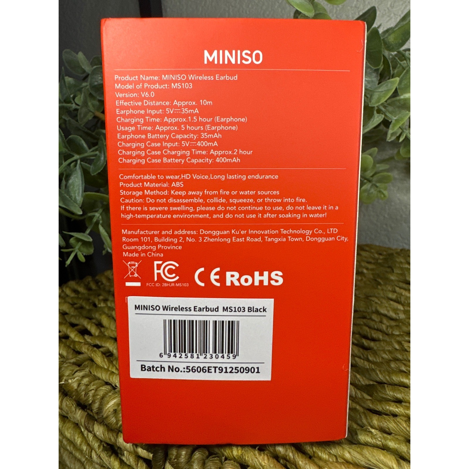 Miniso MS103 Wireless Earbuds Black Bluetooth V6.0 HD Voice Digital Display Case
