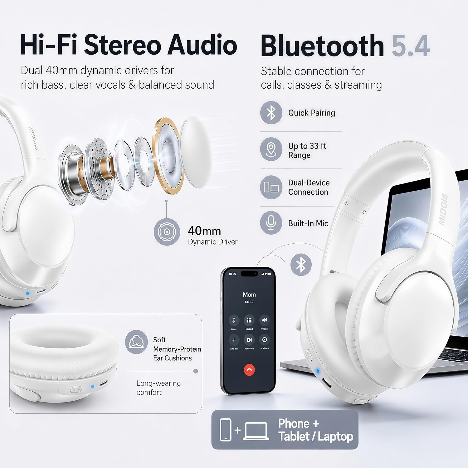 Comfortable Over-Ear Bluetooth Headphones with 68H Playtime & Sound Isolation