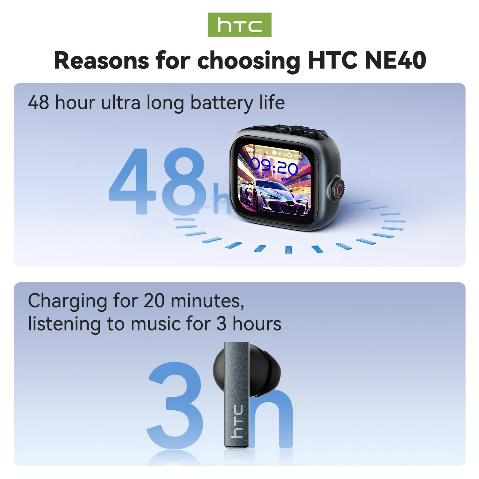 HTC NE20 Bluetooth 6.0 Earphones AI Translator Wireless Earbuds LCD Touch Sport