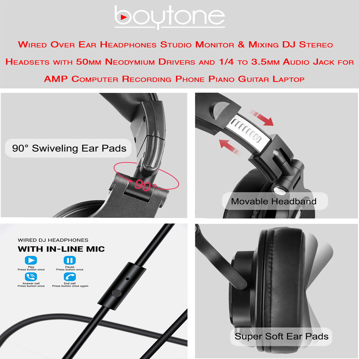 Boytone BT-10BK Wired Over Ear DJ Headphones, Studio Monitor , Stereo headphone