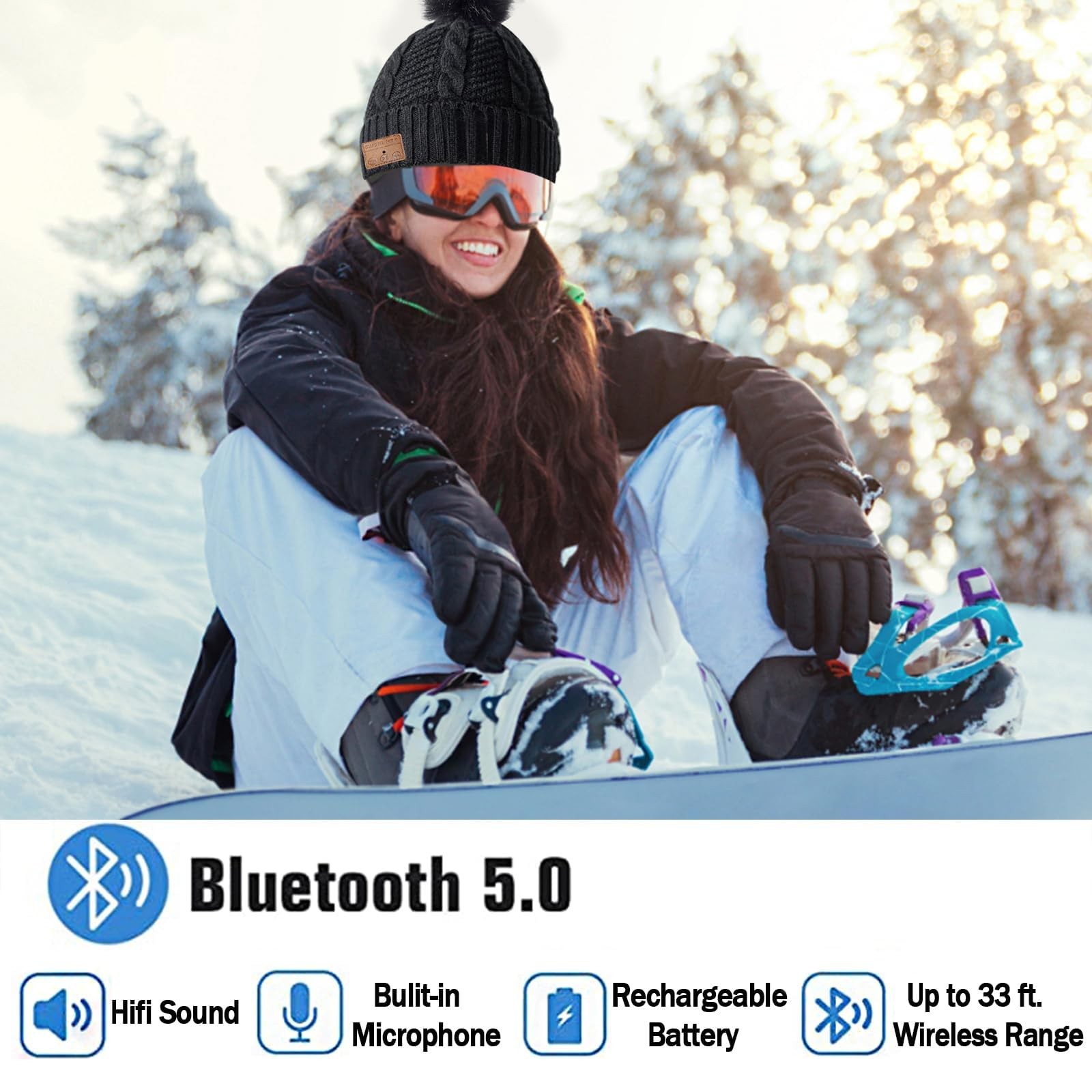 Bluetooth Beanie Hat Women Sport Wireless Music Stereo Headphones Mic Pompon