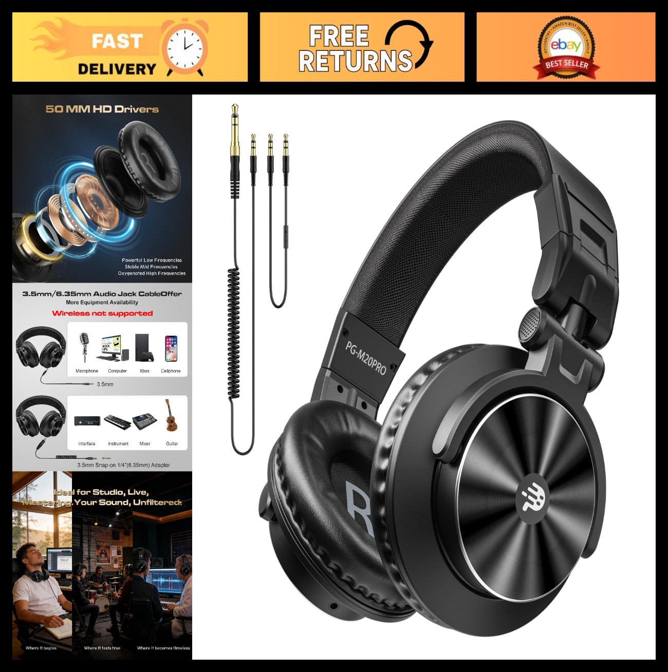 Professional Studio Monitor Headphones – 50mm Drivers, 40kHz DJ Stereo, 1/4″ to