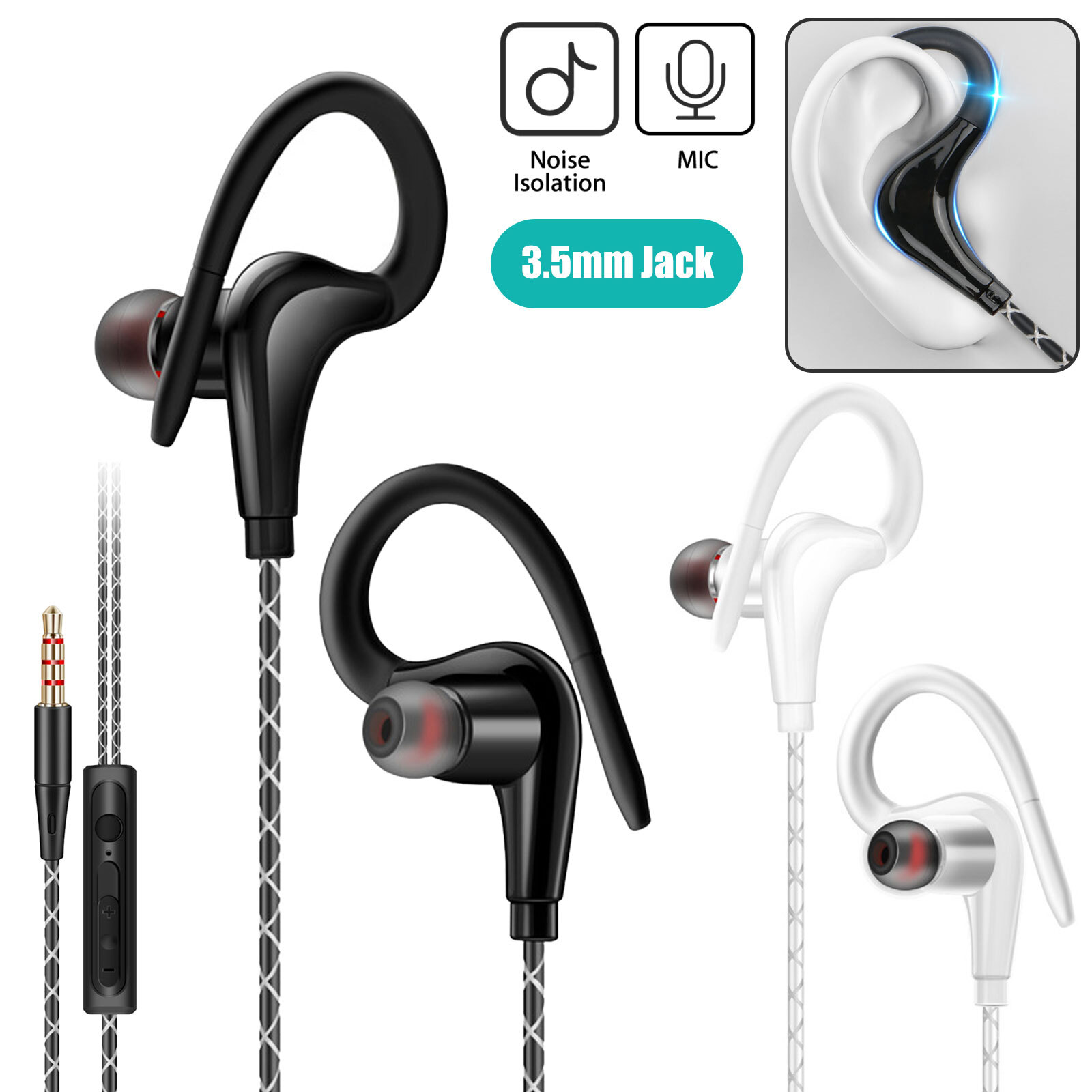 In-Ear Wired Sport Running Earphone Earbuds Over ear Hook Headphone 3.5mm w/MIC