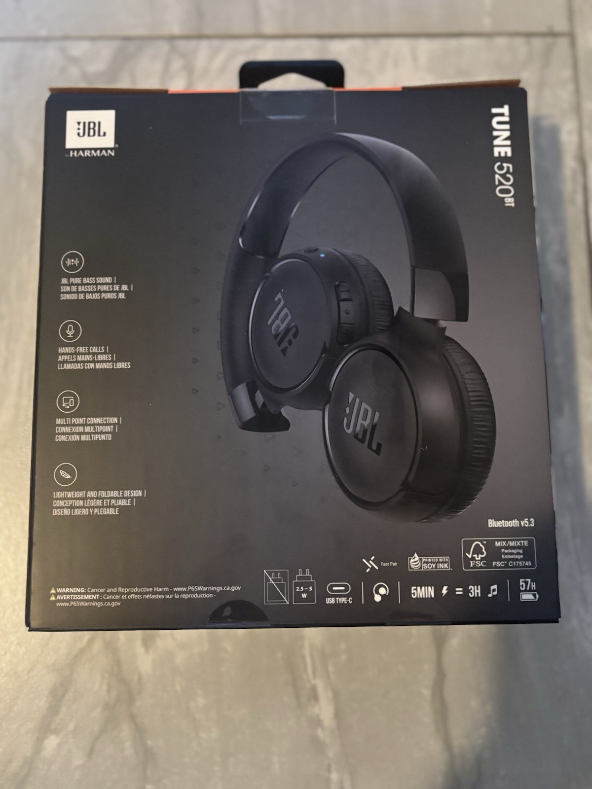 JBL Tune 520BT Wireless On-Ear Headphones Bluetooth 5.3, 57H Battery Black (NEW)