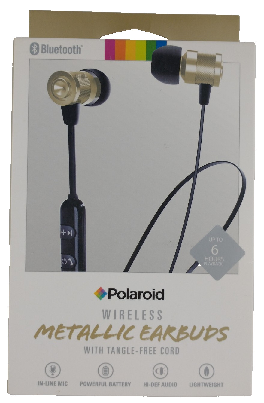 Polaroid Bluetooth Wireless Metallic Earbuds Tangle-Free 6hr Charge NEW 🎧