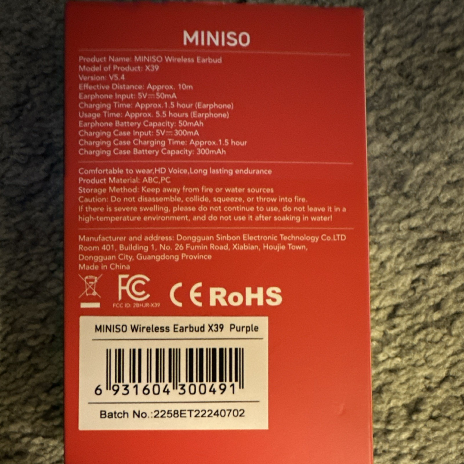 MINISO X39 Bluetooth Wireless In-Ear Earbud Purple HD Voice Long Endurance